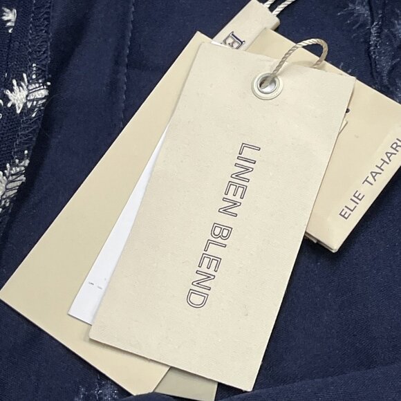 Elie Tahari Pants Women 6 Blue Linen White Palm Tree Embroidered Wide Leg Resort - Picture 6 of 9